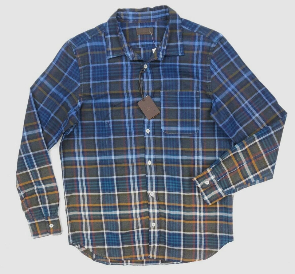 $798 Altea Italy Men's Blue Brown Plaid Long-Sleeve Cotton Button Pocket Shirt S - Image 1 of 1