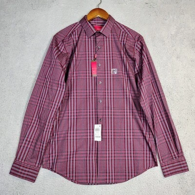 Camisa de Vestir Alfani Para Hombre M 15-15.5 Borgoña Cuadros Elastizada Calce Ajustado Clásica WT Foto 1 de 4