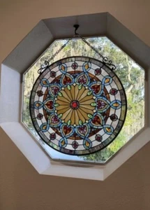 24" Tiffany Style Stained Glass Victorian Round Window Panel Suncatcher - Picture 1 of 8