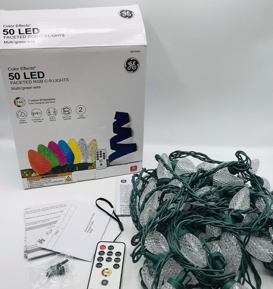 NEW GE Color Effects 50 LED  Faceted C-9 Lights 32.6 ft  7-Colors & 53 Functions - Image 1 of 4