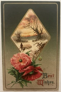 Vintage Postcard "Best Wishes" Winter Scene Poppies Flowers Sheep Shepherd & Dog - Picture 1 of 2