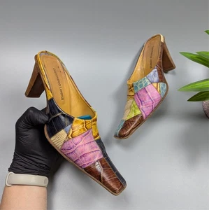 Rare VTG Y2K Gianmarco Lorenzi Patchwork Crocodile Leather Mules Heels 37.5/7.5 - Picture 1 of 22