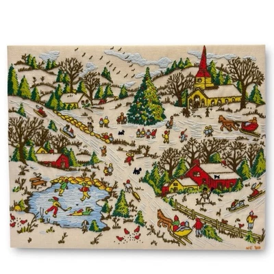 Vintage Paragon Acabado Crewel Bordado Navidad Invierno Pueblo Sin Marco Foto 1 de 4