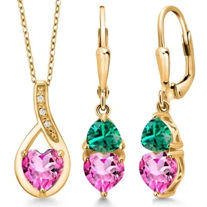 18K Yellow Gold Plated Silver Pink Mystic Topaz and Nano Emerald Pendant - Picture 1 of 4
