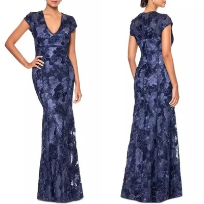 Betsy & Adam Navy Blue Sequin Soutache V-Neck Mermaid Gown Size 10 $309 - Image 1 of 4