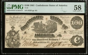 T-13 $100 1861 Confederate States Civil War Obsolete Banknote Currency PMG CAU58 - Picture 1 of 4