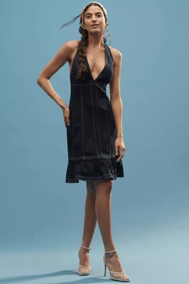 Mini Vestido Anthropologie Pilcro Halter Profundo-V Costura Espalda Abierta Talla L Nuevo Azul Foto 1 de 4