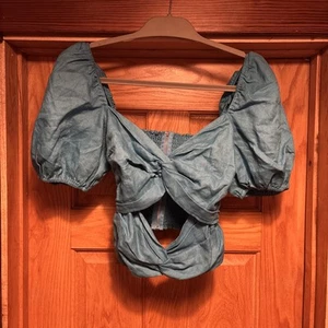 Reformation Karina Blue Linen Crop Top Size 4 Cutout Grotto - Picture 1 of 4