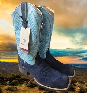 Women's ARIAT Leather Round Up Ruidoso Midnight Roughout Costal Blue Size 10 B  - Picture 1 of 13