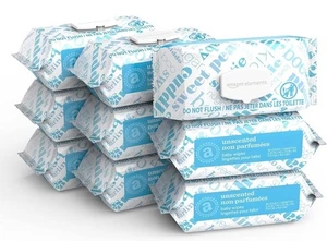 810 Count Amazon Elements Baby Wipes, Unscented White Flip-Top Packs 9 X 90 Each - Picture 1 of 2