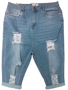 5 Pocket Faded Blue Skinny Fit Stretch Denim Jean Shorts High Rise Rip Fray - Picture 1 of 2