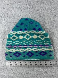 Wigwam Beanie Toque Adult One Size Blue Geometric Knit Wool Poly Lined Made USA - Picture 1 of 7
