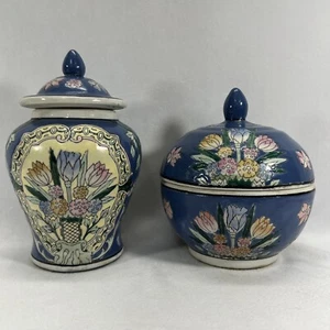 Vintage Chinese Ginger Jar Set w/ Lids Blue Floral Chinoiserie Urn Vase - Picture 1 of 12