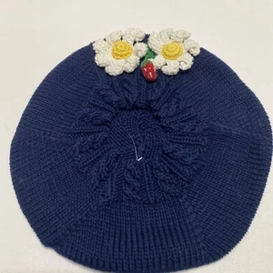 Zackali 4 Kids Knit Girls Hat Beret Blue Daisies Strawberries Size Medium - Picture 1 of 10