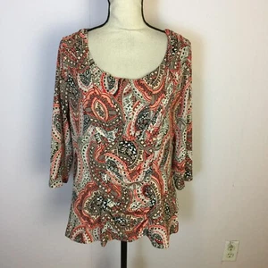 Alfani Blouse Top Size 0X Womans Plus Orange Brown Paisley 3/4 Sleeve Stretch - Picture 1 of 15