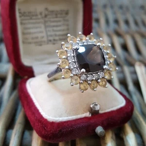925 Sterling Silver Ring, Natural Smoky Quartz And Citrine,Size U US 10, Retro - Picture 1 of 6