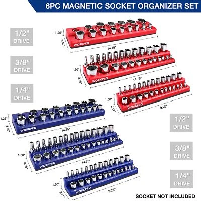 WORKPRO Magnetic Socket Organizer 6-PACK Set 1/4'' 3/8'' 1/2'' Dr Metric SAE - Image 1 of 4