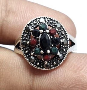 925 Silver Ring Emerald,Ruby,Tourmalin Gemstone Jewelry Size 7.4 Beautiful - Picture 1 of 12
