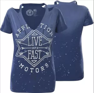 Affliction Women's AC HIGH FLOW Blue Short Sleeve V-Neck T-Shirt size SMALL NWT - Picture 1 of 3