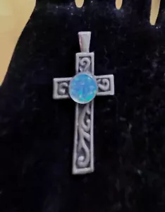 Vintage Sterling Silver (925) Cross W/ Fire Blue Opal Center Stone - Picture 1 of 6