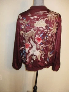 Johnny Was FAB! Crane/Floral Embroidered Pockets Bomber Jacket in Maroon XL - Picture 1 of 9