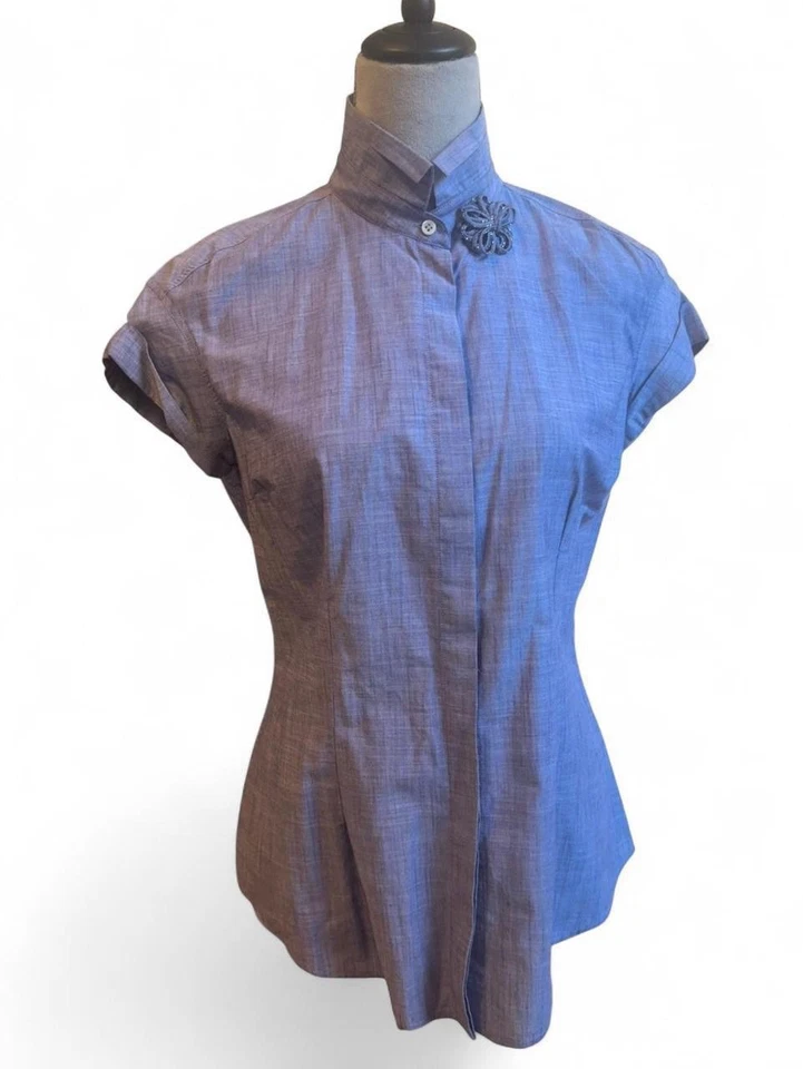Brunello cucinelli chambray short sleeve button down with floral appliqué. Sz L - Image 1 of 4