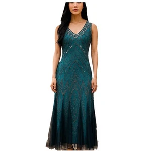 Damen Flapper Kleid Perlen Pailletten groß blau mit schwarzem Netz Retro 20er Jahre - Bild 1 von 18