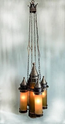 LARGE! 20"x71" Antique Italian  GOTHIC Kings  CASTLE  CHANDELIER  5 Lights RARE! - Image 1 of 4