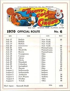 Vintage 1970 CLYDE BEATTY - COLE BROS. CIRCUS SCHEDULE Ephemera 7"x5.5" #6 / NY - Picture 1 of 2