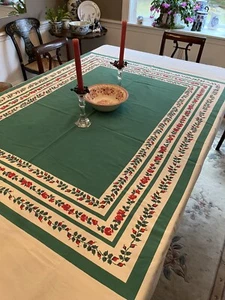 Vintage Urlaub Tischdecke mit Salbeigrün Mitte Rosenknospen 76x58 Baumwolle - Bild 1 von 7