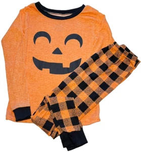 Kids Trick or Treat Sleep Halloween PJ Pumpkin Face Plaid Pant Size 7 Soft - Picture 1 of 3