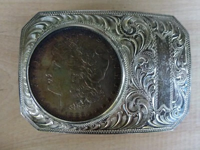 SSS Sterling on Nickel Engraved Belt Buckle Featuring 1886 Morgan Silver Dollar - Image 1 of 4