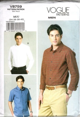 Vogue Men V8759  Mens Button Up Dress Shirt Size  34 - 40 Uncut  Sewing Pattern - Image 1 of 2