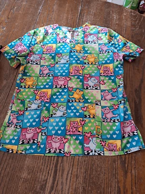 Medium White Cross Cats with Hearts Short Sleeve VNeck Scrub Top Shirt Vet Nurse - Image 1 of 2