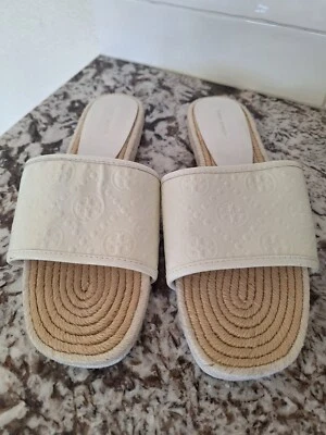 Sandalia blanca Tory Burch Slides multi logotipo de cuero plana blanca talla 10,5 M Foto 1 de 4