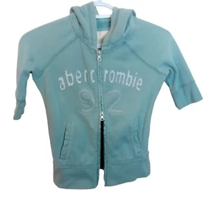 Y2K Abercrombie Kids Girl Embroidered Double Zip Hoodie Aqua 3/4 Sleeve Casual L - Picture 1 of 12