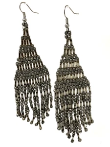 Artisan Seed Bead Earrings Dangle Fringe Metallic Silver Tone - Picture 1 of 13