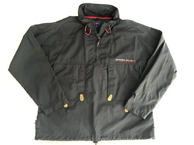Vintage 90s Tommy Hilfiger Jacket LARGE Black Spellout Logo Windbreaker Rain EUC - Image 1 of 4