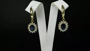 Natural Sapphire Gemstone Drop/Dangle Earrings Yellow Gold Plated Silver - Picture 1 of 3