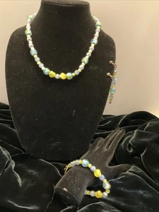 3-TEILIGES SET GELB, BLAU GLASPERLEN HALSKETTE ARMBAND CLIP OHRRINGE 18 ZOLL - Bild 1 von 11