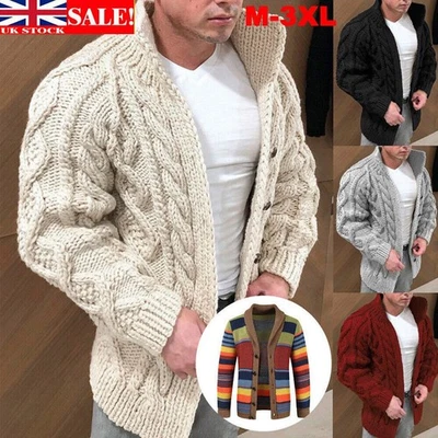 Men's Chunky Cable Knit Sweater Warm Cardigan Jacket Jumper Knit Jacket M~3XL UK