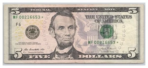 Five Dollar Bill Star Note Series 2013 Serial No. MF00216653* - Picture 1 of 5