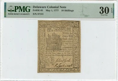 1777 May 1, 10 Shillings Delaware Colonial Note FR#DE-91 PMG VF30 EPQ - Image 1 of 2
