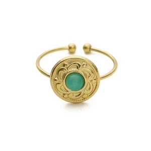 Anello Aperto in Acciaio con Pietra Naturale e Placcato in Oro - Picture 1 of 1