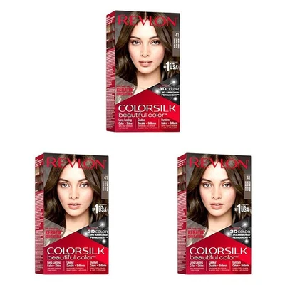 3PK Revlon ColorSilk Permanent Hair Colour Dye Ammonia-Free 41 Medium Brown - image 1 of 2