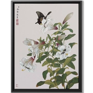 Chinesisches botanisches Gemälde Leinwanddruck Lilie Blume Wandbild gerahmt Natur Dekor - Bild 1 von 9