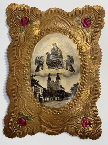 Antike HEILIGE KARTE Vintage Canivet Spitze Muttergottes Maria Jesus Engel beten - Bild 1 von 3