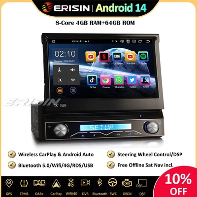 1 Din 8-Core Android 14 Autoradio GPS Navi DAB+CarPlay BT5.0 RDS Wifi DVD FM DSP - Immagine 1 di 4