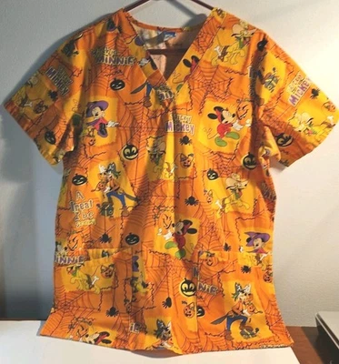 Disney Halloween Scrub Top Mickey Mouse Pumpkin Spiderweb Print Women's M - Image 1 of 4