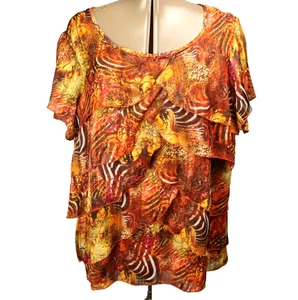 Sara Michelle Animal Paisley Print Ruffled Layered Short Sleeve Top Orange 2X - Picture 1 of 23